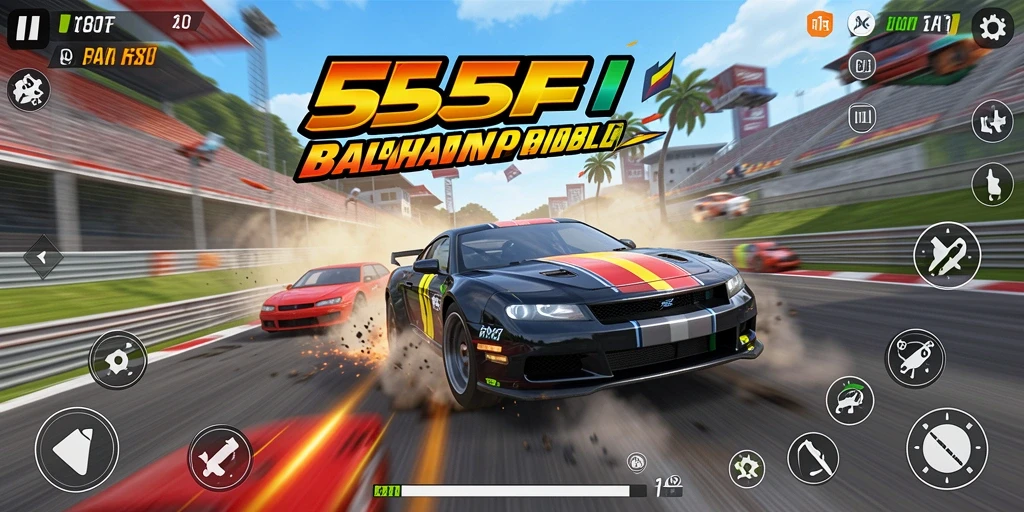 Screenshot menunjukkan aksi balapan mobil yang mendebarkan.