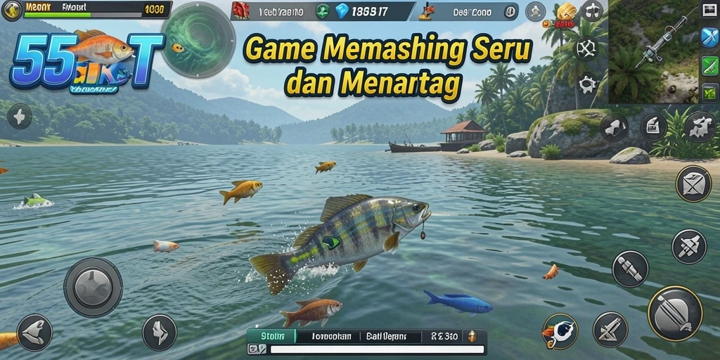 Screenshot gameplay 55RT yang menunjukkan serunya memancing di alam.