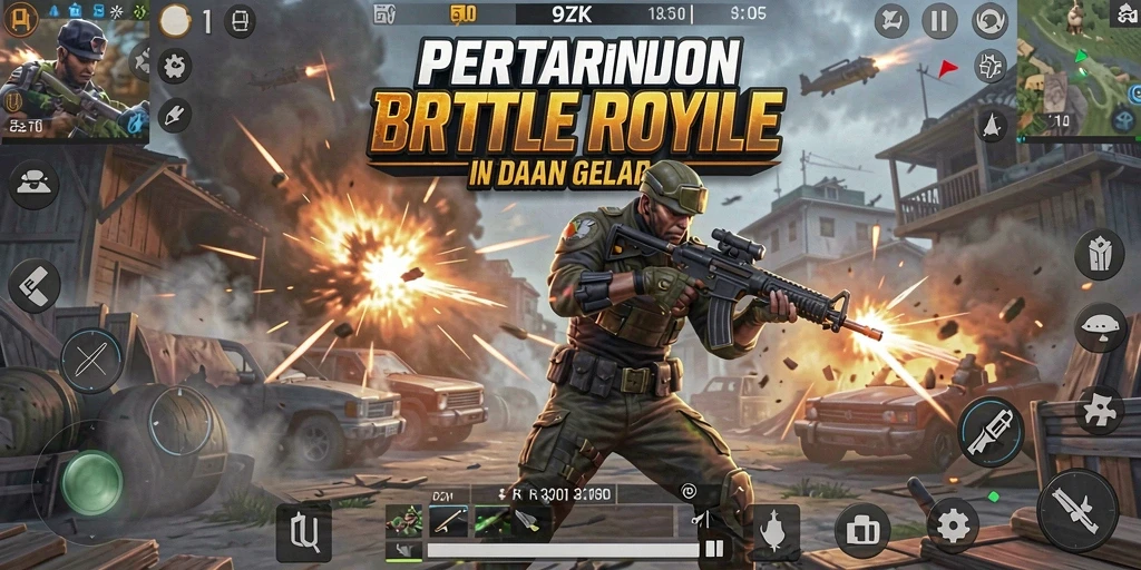 Screenshot menunjukkan aksi intens dalam pertandingan Battle Royale 9ZK.