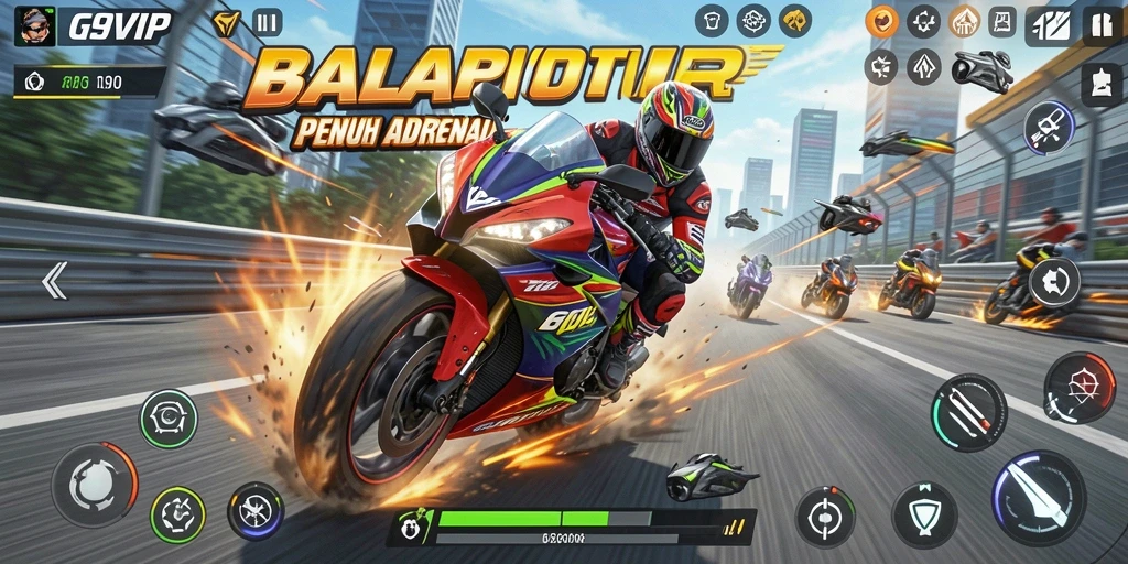 Tangkapan layar G9VIP menunjukkan aksi balapan motor yang mendebarkan.