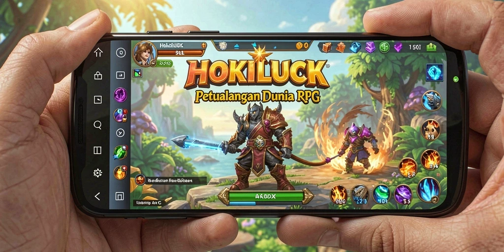 Tampilan gameplay RPG HOKILUCK menunjukkan pertarungan epik dan eksplorasi mendalam.