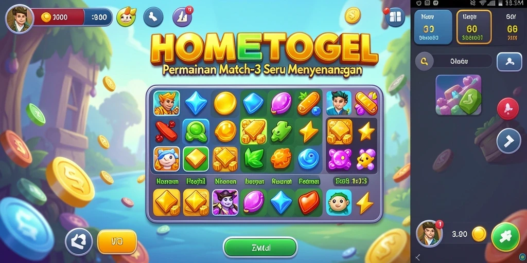 Tampilan permainan MATCH-3 HOMETOGEL dengan grafis cerah.