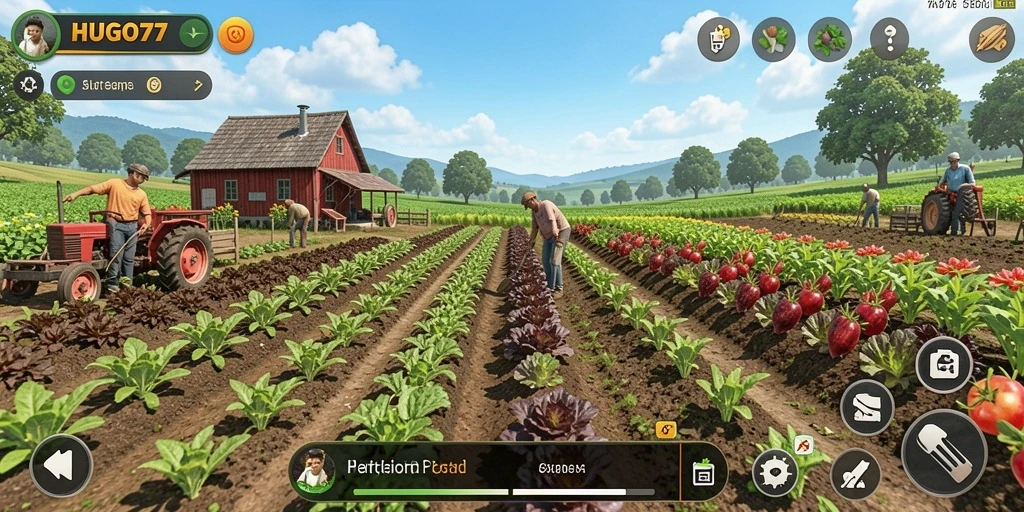 Screenshot utama HUGO77 menampilkan aktivitas bertani yang seru.