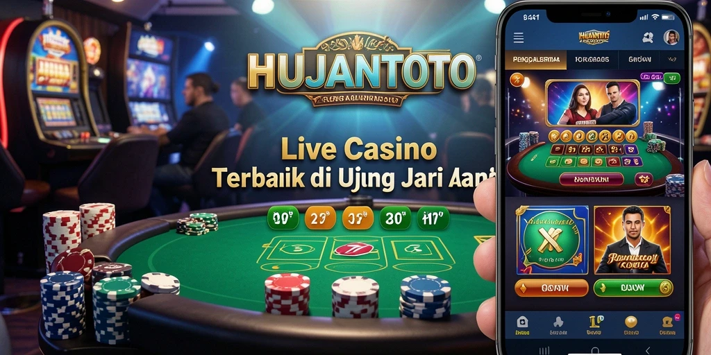Screenshot gameplay <strong>HUJANTOTO</strong> yang menampilkan dealer langsung dan suasana kasino.