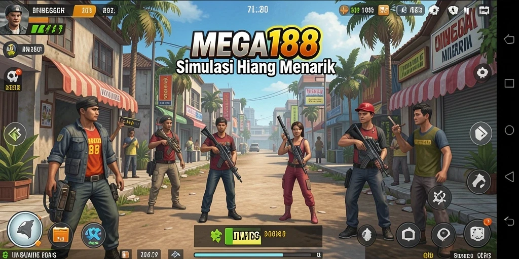Screenshot utama MEGA188 menunjukkan gameplay simulasi kehidupan yang mendalam.