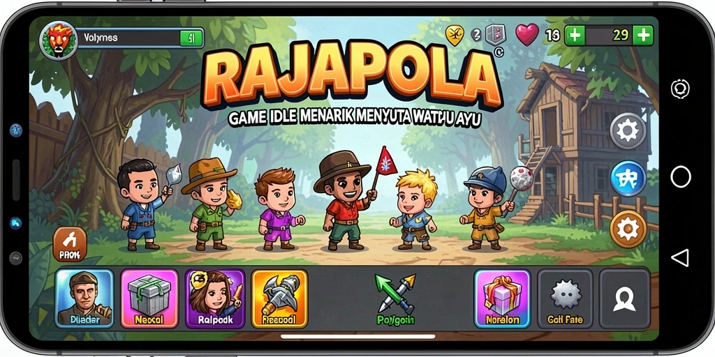 Tampilan gameplay menyenangkan di RAJAPOLA dengan berbagai aktivitas Idle.