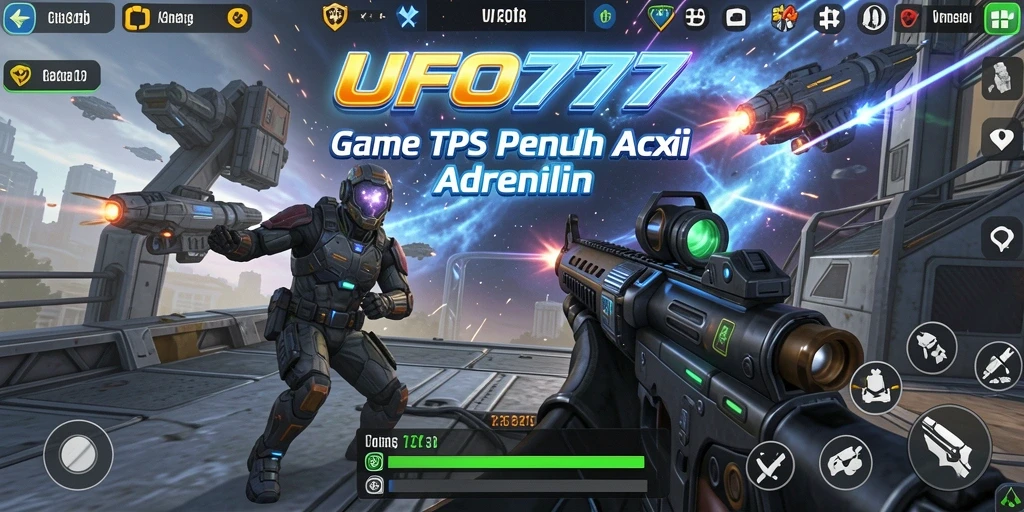 Screenshot menunjukkan aksi pertempuran luar angkasa dalam UFO777 dengan grafis menawan.
